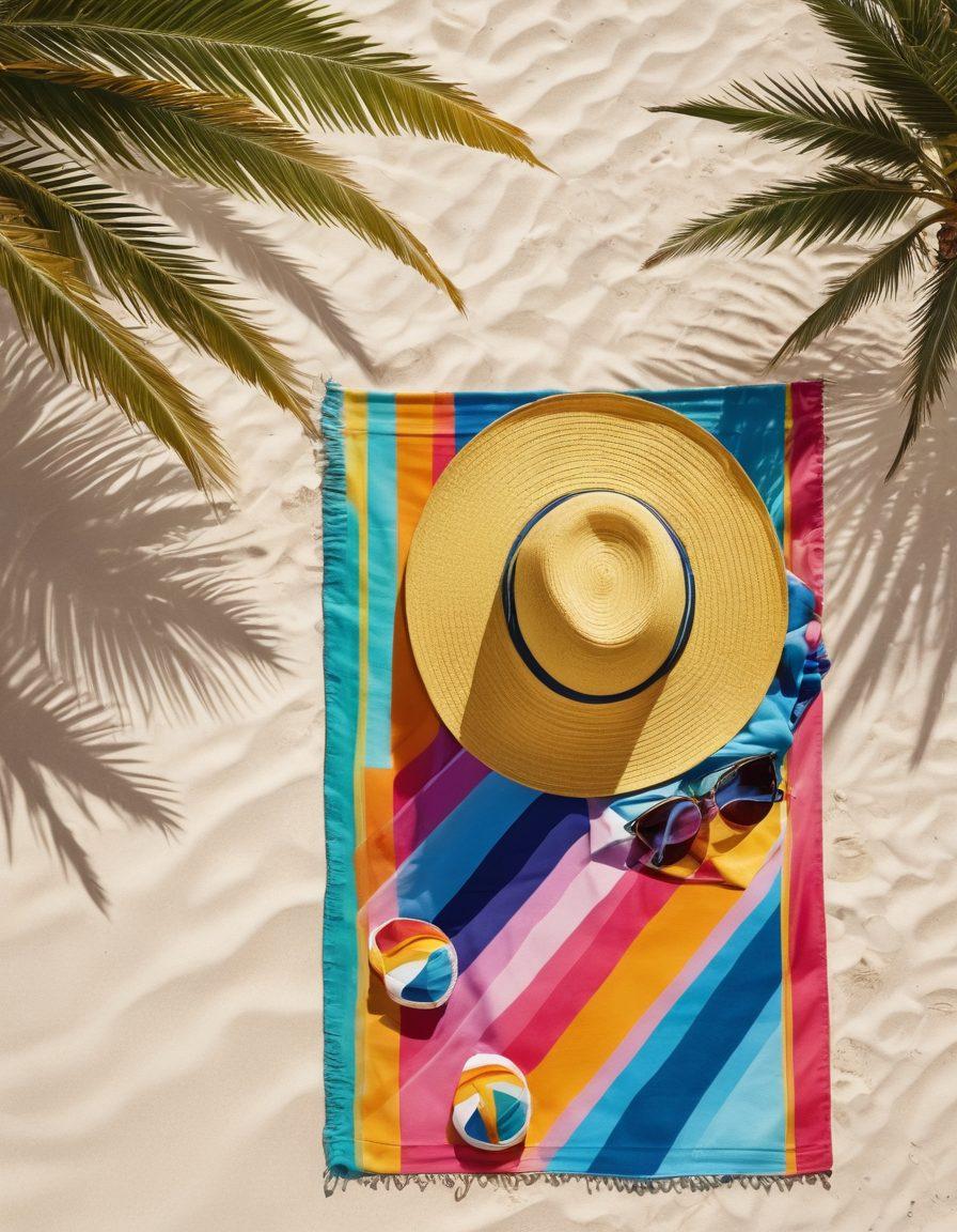 A vibrant beach scene featuring an assortment of stylish swimwear displayed on colorful beach towels, with a crystal-clear ocean and palm trees in the background. Stylish sun hats and sunglasses are artistically arranged alongside a cocktail, evoking a sense of relaxation and fun. The atmosphere is bright and summery, perfect for a beach getaway. vibrant colors. super-realistic.